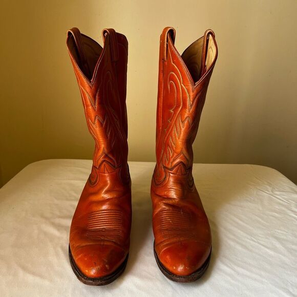 Vintage Tony Lama Men's 10.5D Western Cowboy Boots 6123 Orange Leather USA Made - Picture 1 of 13